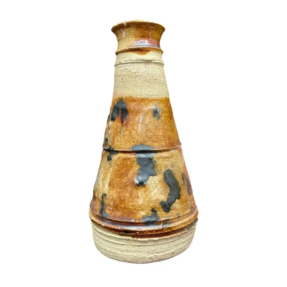 Vintage Studio Art Pottery Vase with Salt Glaze Brown and Yellow